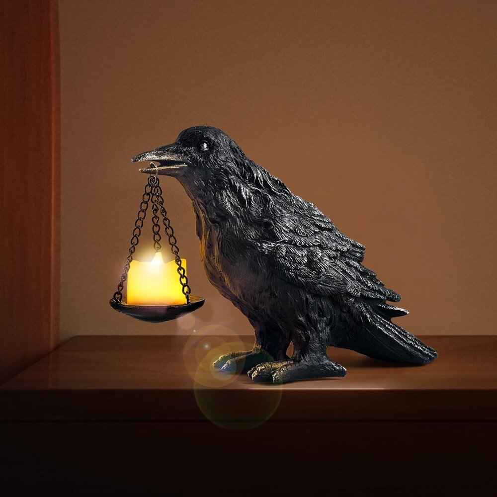 🆕Wearing Silver Fake Crow Light Raven Lamp Tealight Candle Holder Home Decor